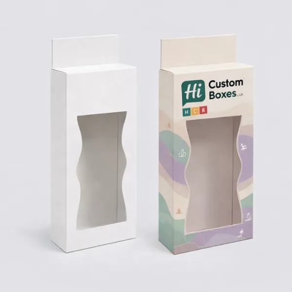 Two vertical product boxes featuring a unique wavy die-cut window to showcase the contents inside- class=